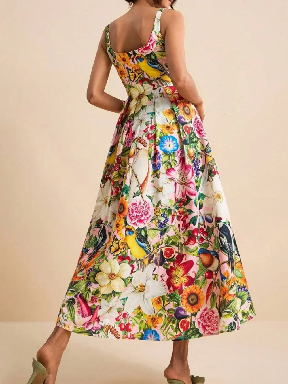 Pink Boho Women's U-Neck Spaghetti Strap Waist Flared Tropical Print Dress - Picture 2 of 8